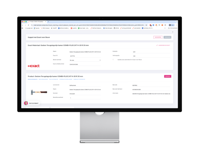 BarTrack Exact Bouw - detailpagina koppelinformatie