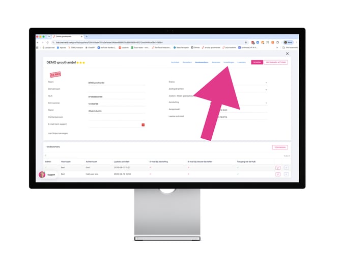 Organisatie instellingen openen in de BarTrack HuB