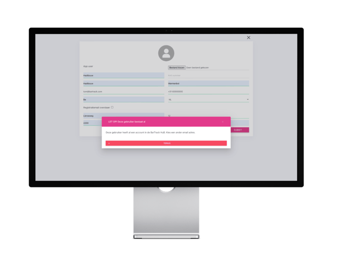 Als je een gebruiker toevoegt en het e-mail adres van de gebruikr is al bekent bij BarTrack krijg je melding