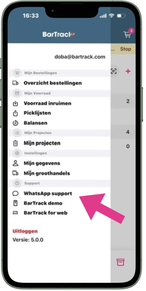 Stel vragen aan het BarTrack Supportteam via WhatsApp