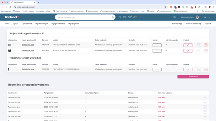 BarTrack projectbestellen - winkelwagen op bartrack.com